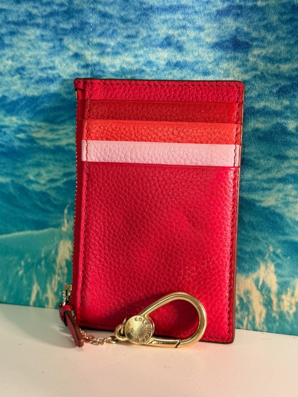 Cole Haan Pink and Red Zippered Card Case with Purse Clip